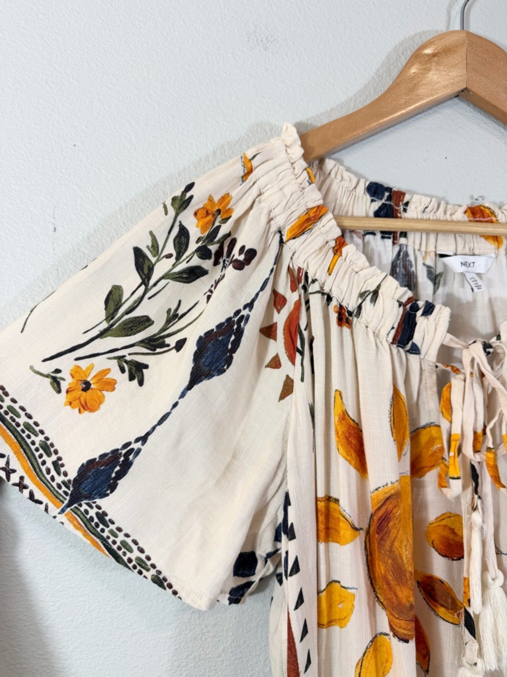 Next Floral Print Linen Blend Top Size US 8 Cream Sunshine Boho Off Shoulder - Picture 6 of 12